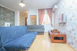 ein Wohnzimmer mit einem blauen Sofa und einem Tisch in der Unterkunft JUDERIA CENTER PREMIUM SUITES FREE Parking in Sevilla
