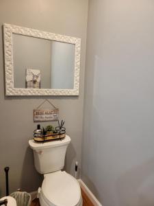 a bathroom with a white toilet and a mirror at Just Dance in Dandridge +16 photos