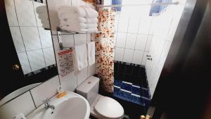 a small bathroom with a toilet and a sink at El Tambo Machupicchu in Machu Picchu