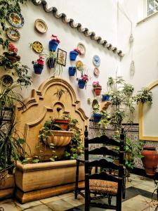 un muro con piatti e piante in vaso su un muro di Rincón de la Fuenseca a Cordoba