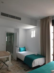 
a bedroom with a bed and a desk at Hotel y Apartamentos Doña Lola in Seville
