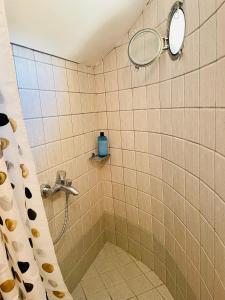 a bathroom with a shower with a shower head at Lemnos Retreat Villa-250m from the Beach 1km from Diapori in Kondiás