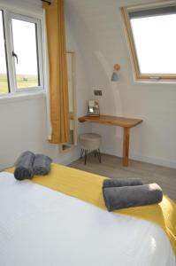 Saddle Hill Lodge في Broome: غرفة نوم بسرير ومكتب ونوافذ