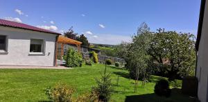 un patio con césped verde y una casa en Ferienhaus Diana im Harz, en Pansfelde