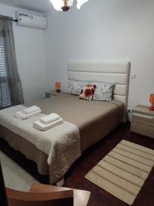 una camera da letto con un letto e un cane seduto sopra di Apartamento Mendes em Fátima a Fátima