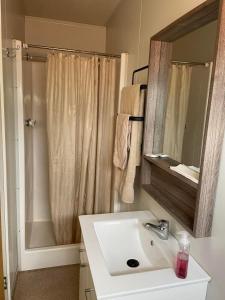 uma casa de banho com um lavatório e um chuveiro com um espelho. em Junction Hotel Moora em Moora