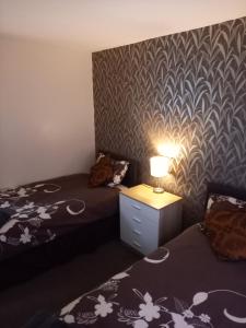 een slaapkamer met 2 bedden en een lamp op een nachtkastje bij clazzers apartment 2 in Bridlington