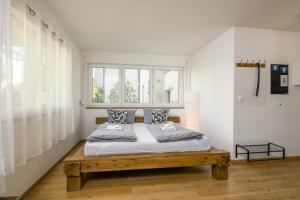 um quarto com uma cama e uma janela em Arbio I Spacious Apart near Auensee em Leipzig