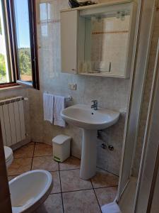 een badkamer met een wastafel en een toilet bij Affittacamere La Rondinella in Montemerano