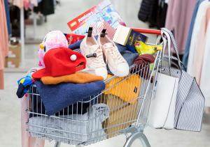 a shopping cart filled with clothes and shoes at Viking Line ferry Gabriella - One-way journey from Stockholm to Helsinki in Stockholm