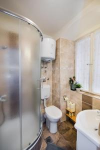 Un baño con ducha, inodoro y lavabo. en Diocletians Heart Apartment, en Split