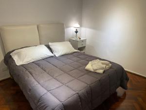 - une chambre avec un lit et une couverture grise dans l'établissement Tia Apartment/Retiro 4 amb, cerca Teatro Colon, à Buenos Aires