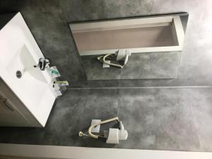 Baño con 2 lavabos y espejo en Hotel Neguri en Getxo