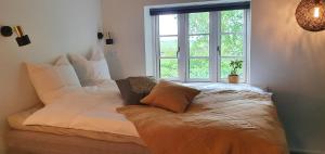 Bett in einem Zimmer mit einem großen Fenster in der Unterkunft Molsgaarden in Knebel