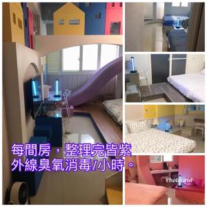 a collage of pictures of a room with a slide at CHI-YU B&B in Chaozhou
