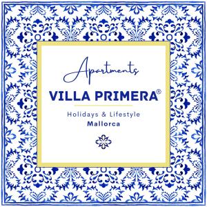a blue and white patterned invitation with a frame at Apartamentos Villa Primera in Cala Figuera