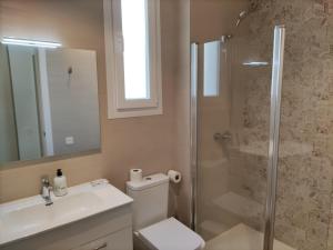 a bathroom with a shower and a toilet and a sink at Iberflat Apartamentos Trinidad in Castellón de la Plana