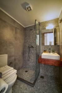 ein Bad mit einer Dusche, einem Waschbecken und einem WC in der Unterkunft Roxani Hotel in Ammoudara
