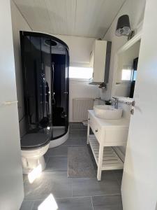 La salle de bains est pourvue d'une douche, de toilettes et d'un lavabo. dans l'établissement Ferienhäuser Insel Usedom Haus Diego 9 - Blick aufs Achterwasser! Whirlpool und Sauna, à Lütow