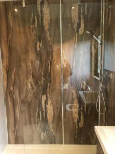 a bathroom with a shower with a wooden wall at Lomond Lodge in Rowardennan