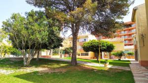 park z dwoma drzewami i budynek w obiekcie Atractivo apartamento en la playa con parking w mieście Roquetas de Mar