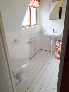 a white bathroom with a sink and a toilet at Cheerful 1-bedroom, 120 m from Sandbach in Bräcke