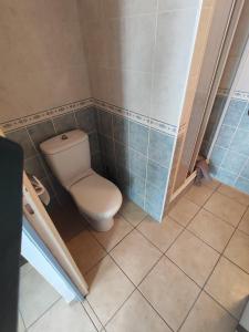 a bathroom with a toilet and a tiled floor at Studio 2 personnes en centre ville in Saint-Pierre-de-Plesguen