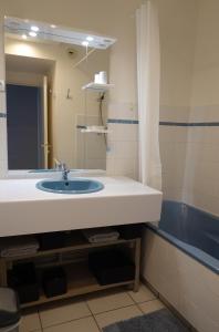 een badkamer met een wastafel en een spiegel bij Front de mer vue exceptionnelle in Granville