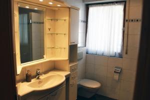 a bathroom with a sink and a toilet and a mirror at Ferienwohnung Katja in Wilnsdorf