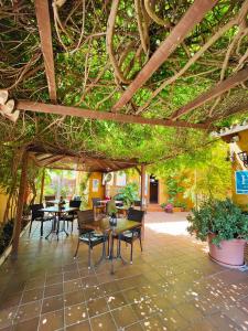um pátio exterior com mesas, cadeiras e árvores em Hotel Doñana Blues em Matalascañas