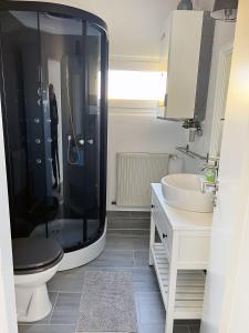 a bathroom with a shower and a toilet and a sink at Ferienhäuser Insel Usedom Haus Milo 5 - Blick aufs Achterwasser! Whirlpool und Sauna in Lütow