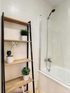 a bathroom with a shower and shelves with plants at Las Terrazas de La Torre Golf - 6709 in Roldán