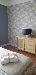 um quarto com uma cama e uma televisão numa cómoda em Le Vieux Tilleul em Vaires-sur-Marne