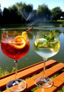 dos copas de vino sentadas en una mesa cerca de un cuerpo de agua en Zajazd Trzy Dęby, 
