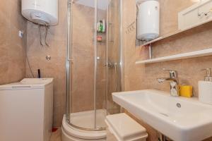 a bathroom with a shower and a toilet and a sink at Apartment Peace in Kotor +9 photos