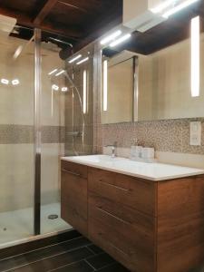 y baño con lavabo y ducha. en Chambres d'hôte des 3 Marches en Lamoura
