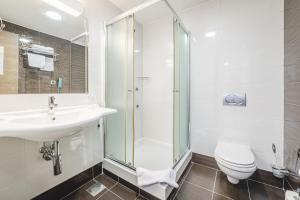 a bathroom with a sink and a shower and a toilet at Hotel & Apartments HEC Residence in Sveti Stefan