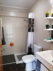 a bathroom with a toilet and a shower at CASA VISTA RIO ESPOSENDE in Esposende