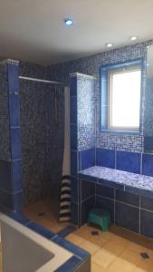 uma casa de banho em azulejos azuis com um chuveiro e uma janela em La Villa Toscana: Pool & Elah Valley vineyard view em Adderet