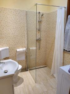 a bathroom with a shower and a toilet and a sink at Apartmaji Tim in Izola +27 photos