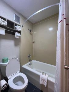 a bathroom with a white toilet and a bath tub at Red Roof Inn LaGrange in La Grange