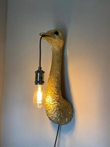 a glass duck lamp with a light on a wall at Ostrich Hide in Marloth Park
