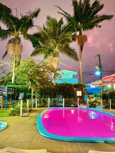 a large purple pool with palm trees in the background at Pousada Jardim Porto Belo in Porto Belo