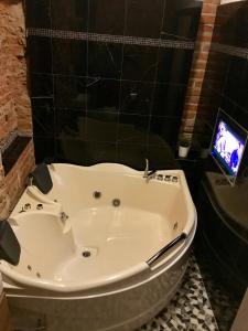 Brno center whirlpool apartment في برنو: حوض استحمام أبيض في حمام مع تلفزيون