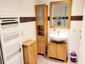 a bathroom with a sink and a mirror at Pension Landhaus Teichgraf in Wolgast +76 photos