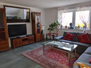 ein Wohnzimmer mit einem Sofa und einem TV in der Unterkunft Schöne gemütliche Ferienwohnung in Eggebek