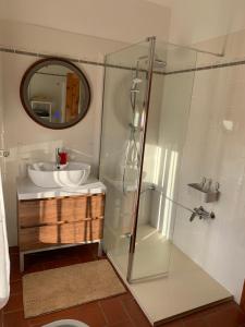 un bagno con doccia in vetro e lavandino di B&B Codivilla a Sasso Marconi