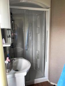 a bathroom with a shower and a sink at bracken lodge in Chapel Saint Leonards