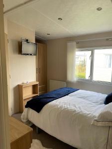 una camera con letto e TV a parete di bracken lodge a Chapel Saint Leonards