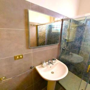 a bathroom with a sink and a shower and a mirror at CapoSud - Appartamento Giglio in Punta Secca